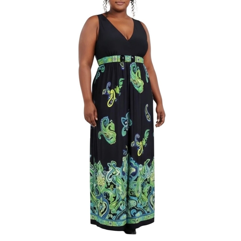Maggie Barnes Womens 1X Black Paisley V-Neck Sleeveless Embellished Maxi Dress